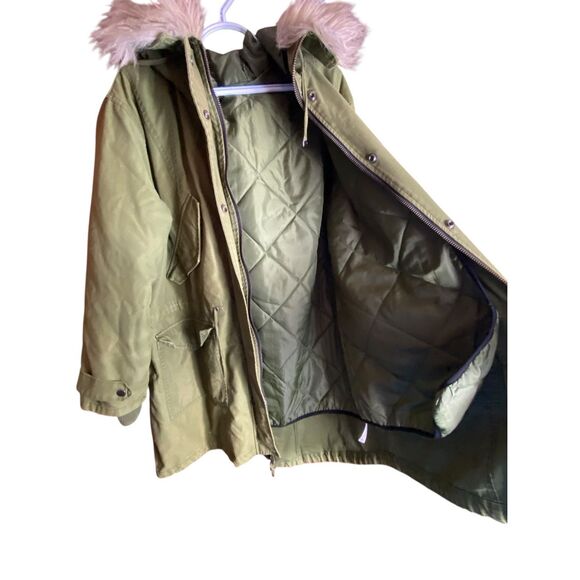 ASOS Olive Green Faux Fur Hooded Parka Coat Quilted Lined Jacket Women’s Size 12 - Picture 5 of 8